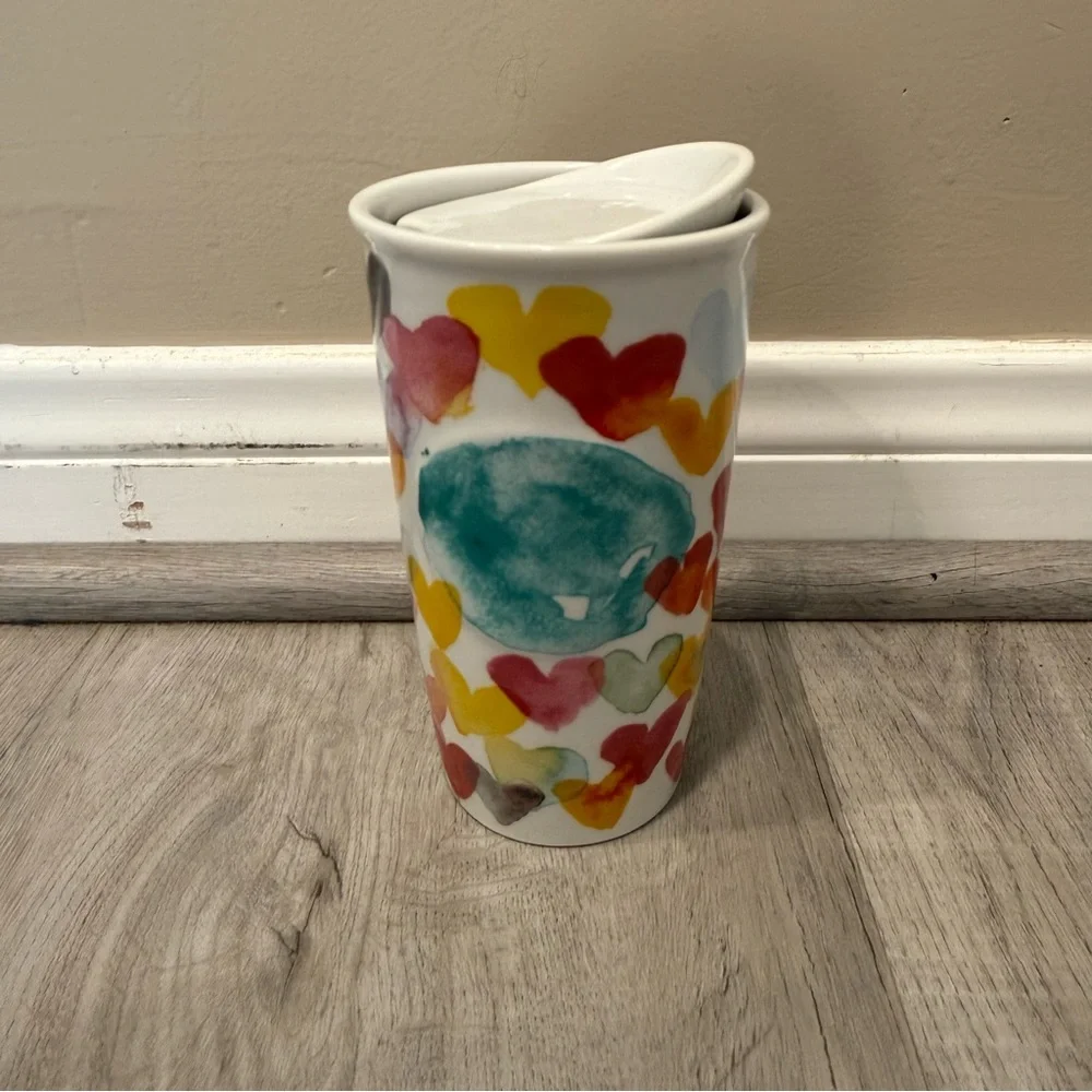 ❤️ Starbucks Valentine Watercolor Hearts Ceramic Travel Tumbler 10 oz with Lid